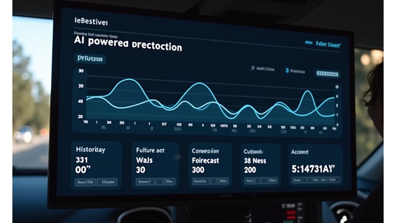 A sophisticated digital dashboard displaying AI-powered traffic prediction models with line graphs showing historical patterns, forecasted congestion peaks, and optimal departure time recommendations.